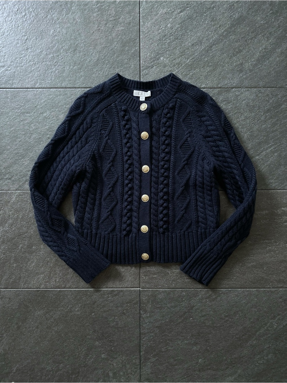 J.Crew Women’s Cable Knit Cardigan/Gold Crest Buttons – Navy/Size M/Excellent - Picture 5 of 9